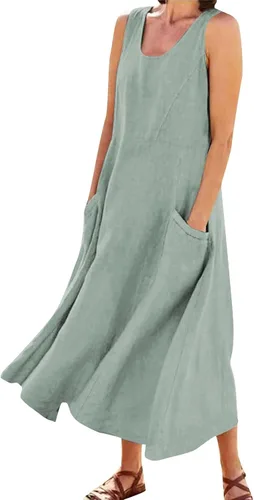 Vista 2 de Vestido largo para mujer, 2023, primavera, verano, algodón, lino, bohemio, casual, a la moda, sin mangas, para vacaciones