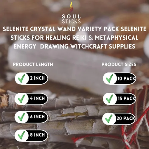 Vista 2 de SOUL STICKS 4 varitas de cristal de selenita Paquete variado de palitos de selenita para curación Reiki y dibujo de energía metafísica