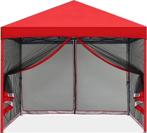 Vista 5 de MASTERCANOPY Toldo desplegable para exteriores de fácil instalación con paredes de malla (8 x 8 pies, rojo) Silver‑coated Waterproof UV‑blocking