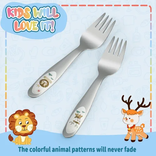 Vista 5 de 4 tenedores de acero inoxidable para niños pequeños, tenedores seguros para autoalimentarse, tenedores para bebés con diseño láser colorido, apto