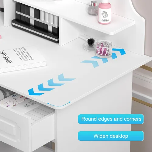 Vista 7 de Escritorio de tocador con espejo LED, 3 modos de iluminación de brillo ajustable, espejo de maquillaje con 4 cajones, tocador para dormitorio