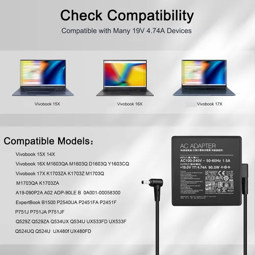 Vista 4 de Cargador para portátil de 90 W compatible con Asus Vivobook 15X 14X 16X 17X K1703Z M1703Q M1603Q D1603Q Y1603C ExpertBook B1500 P2451F P751J Asus