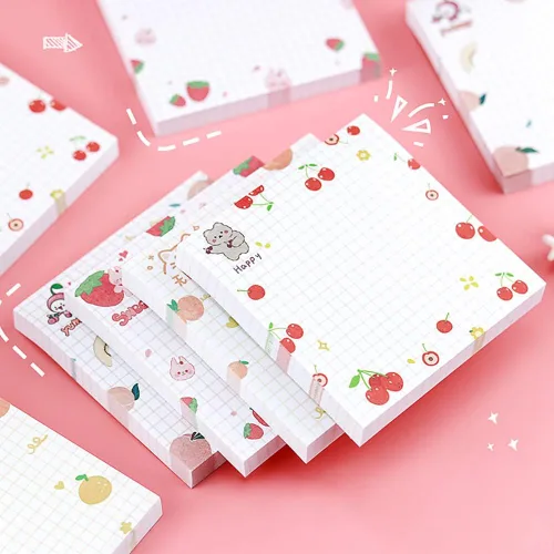 Vista 2 de 4 paquetes de notas adhesivas bonitas Notas adhesivas kawaii para memos, 3.1x3.1 pulgadas, notas adhesivas coloridas con frutas para niñas