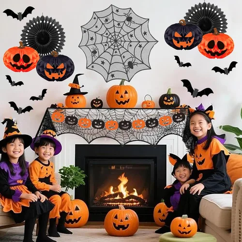Vista 4 de Kit de decoración de fiesta de Halloween para interiores con bolas de papel de panal y abanicos, bufanda de mantel de chimenea, camino de mesa
