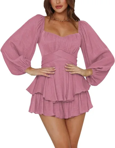 Vista 22 de LYANER Mono de Mujer de Manga Farol Larga con Volantes en Capas y Lazo Mini Corto Romper