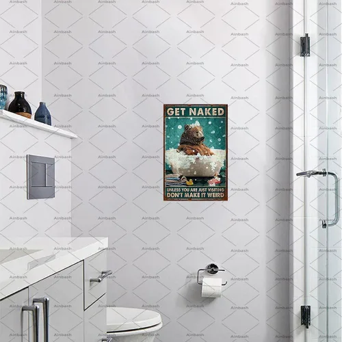 Vista 5 de Cartel retro de metal con diseño de oso de baño, póster de metal con oso divertido, arte de pared para baño, decoración para colgar en el baño