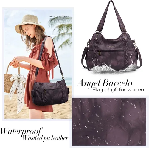 Vista 5 de Angel Barcelo - Bolsa de hombro amplia para mujer, diseño Hobo, cuero lavado