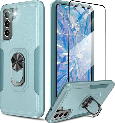 Vista 13 de Oterkin Funda para Samsung Galaxy S21 FE, resistente a prueba de golpes de grado militar con soporte y protector de pantalla de vidrio templado Negro