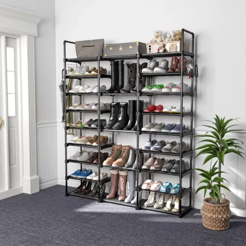 Vista 2 de Zapatero de 9 niveles para entrada, organizador de zapatos con gancho, estante de almacenamiento de zapatos, estante largo apilable para zapatos