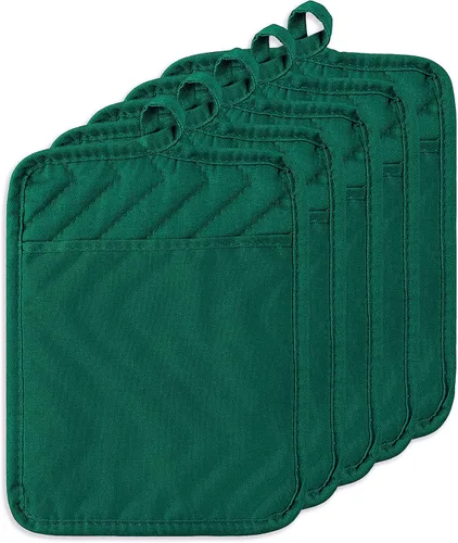 Vista 11 de Juego de 5 agarraderas de algodón con bolsillo para cocina, resistentes al calor, lavables a máquina, almohadillas calientes, guantes de horno a