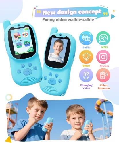 Vista 2 de Walkie Talkies de video para niños, paquete de 2 walkie talkies recargables para niños que pueden enviar mensajes, regalos de Navidad y cumpleaños