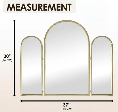 Vista 2 de Houseables - Espejo de 3 vías, triple tocador, plegable de tres vías, triple pliegue, para trenzar el cabello, 3 vías, 3 lados, tres paneles, Dorado