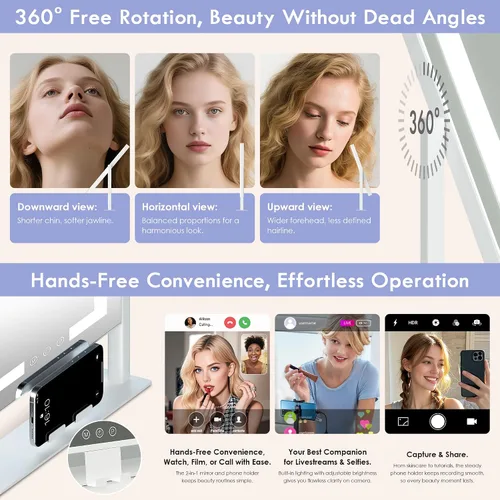 Vista 5 de Espejo de Maquillaje con Luces, Espejo de Tocador con 3 Modos de Iluminación, Espejo Iluminado, Sensor Táctil, Alimentado por CA, Giratorio 360°