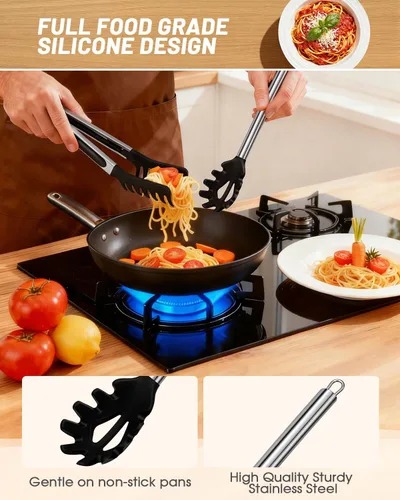 Vista 3 de Cuchara de espagueti y pinza para pasta con dientes de agarre y orificios de drenaje, cabezal de silicona antiadherente de 2 piezas con mango