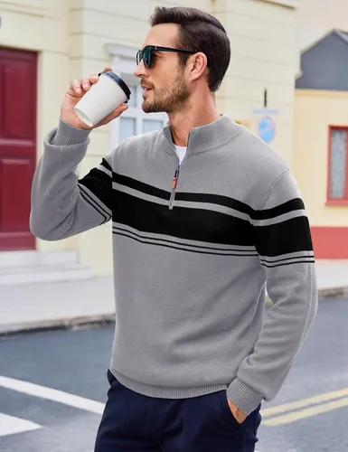 Vista 45 de MAGCOMSEN Suéteres de algodón con cremallera de 1/4 para hombre, suéter tipo polo, a rayas, para otoño e invierno, sudaderas cálidas