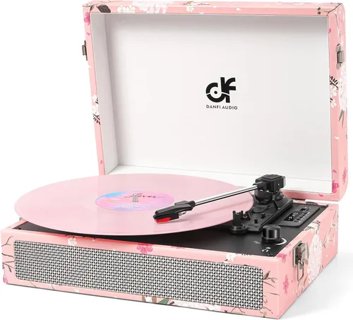 Vista 9 de Tocadiscos de vinilo Bluetooth con altavoces integrados, tocadiscos portátil vintage de 3 velocidades con auriculares de grabación USB/conector