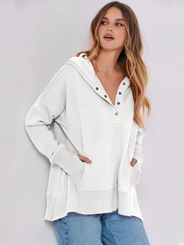 Vista 8 de ANRABESS Sudadera casual con botones y cuello en V para mujer, sudadera de gran tamaño con capucha y bolsillos