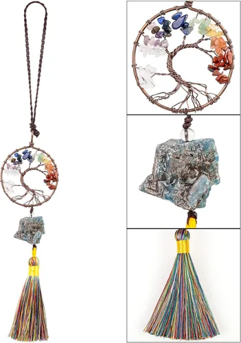 Vista 3 de rockcloud Adorno colgante de árbol de la vida de 7 chakras con borla de piedra cruda irregular para pared, coche, hogar, boda, boda, apatita azul