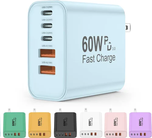 Vista 11 de Bloque de cargador USB C, bloques de carga 5 en 1 de 60 W, cargador rápido PD 3.0, enchufe de pared negro QC 2A, bloque de carga multipuerto tipo C