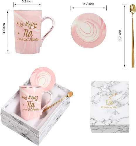 Vista 6 de WENSSY La Mejor Taza Tia Del Mundo, regalos en español para tía de parte de sobrina, cumpleaños, día de la madre, 14 onzas, rosa con caja de regalo