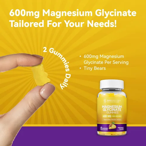 Vista 5 de Glicinato de magnesio Gomitas para adultos, sueño, relajación y concentración, sabor a piña y líquido con citrato de magnesio y taurato, sabor a