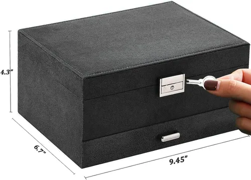 Vista 7 de Joyeros para mujer, organizador de joyas de terciopelo gris con cerradura, organizadores de joyas para adolescentes, organizador de joyas