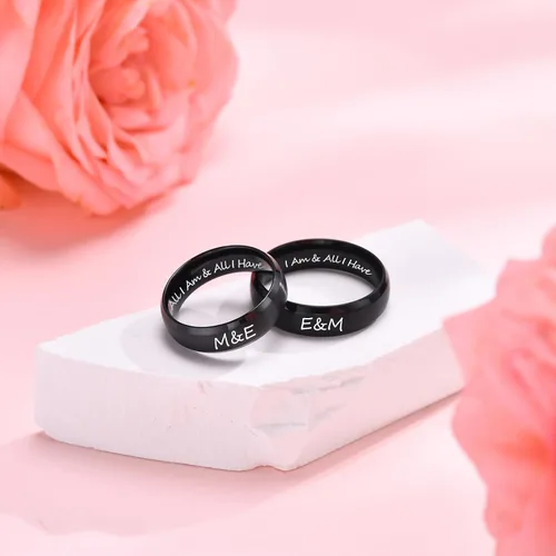 Vista 3 de Juego de anillos de boda negros para él y ella, anillos grabados para hombre, bandas de clase para hombres y mujeres, anillos personalizados