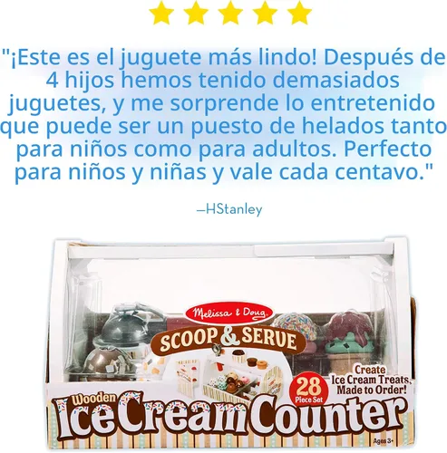 Vista 8 de Melissa & Doug - Encimera de helados de madera con cuchara para servir, juego de tienda de simulación, 28 accesorios de comida y cocina de juguete