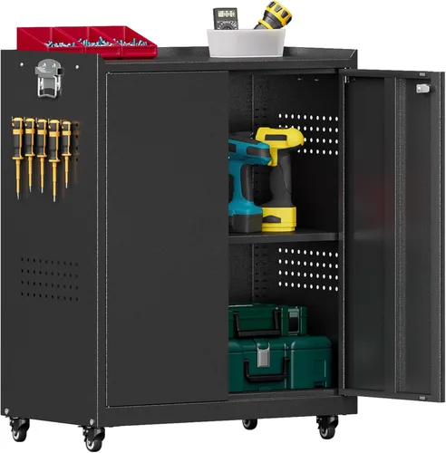 Vista 9 de Metal Garage Cabinet with 4 Wheels,4 Door Black Metal Storage with Lock,71" H Tool Storage Cabinets with Adjustable Shelves for Utility Negro