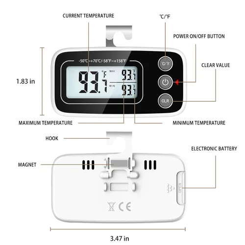 Vista 2 de Termómetro digital para refrigerador, 2 unidades, termómetro para nevera, congelador con pantalla LCD grande, incluye soporte, placa trasera