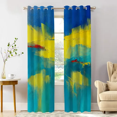 Vista 110 de Shrahala Beige and Orange Abstract Art Brushstrokes Blackout Curtain Tiers, Abstract Oil Paint Kitchen Valance Light Blocking Tier Drapes with Rod