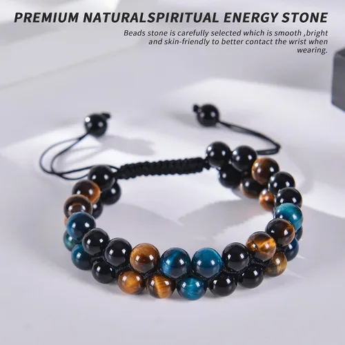 Vista 4 de Triple Crystal Protection Bracelet Handmade Black Obsidian Blue Tiger Eye and Hematite Stone Natural Crystal Healing Jewelry for Men Women