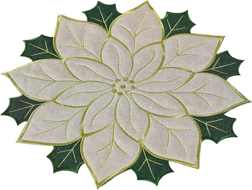 Vista 10 de Juego de manteles individuales de Navidad de 16 pulgadas, manteles individuales de flor de pascua con bordados y hojas verdes, manteles individuales