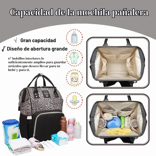 Vista 3 de Bolsa de pañales con estampado de leopardo, mochila multifunción para el cuidado del bebé, bolsa de viaje impermeable para mamá, color marrón