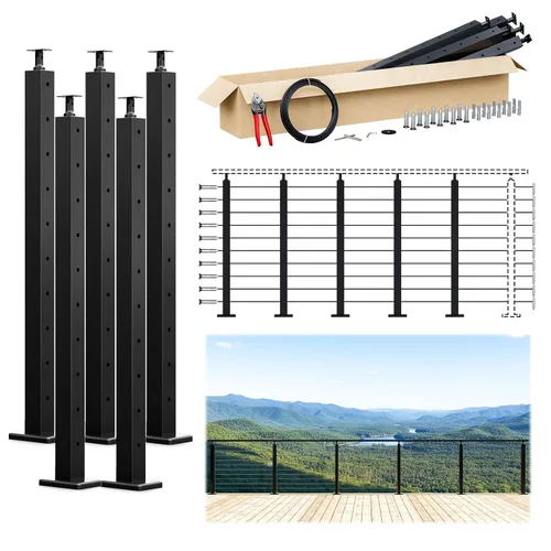 Vista 9 de Muzata Paquete de 4 postes de barandilla de cable negro de 36 pulgadas, 36 x 2 x 2 pulgadas, montaje en superficie perforada de nivel T304, kit
