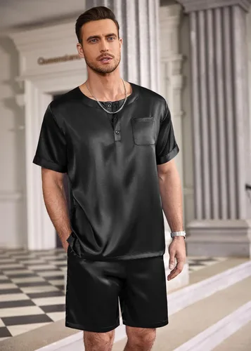 Vista 2 de Ekouaer Conjunto de pijama de manga corta para hombre, satén