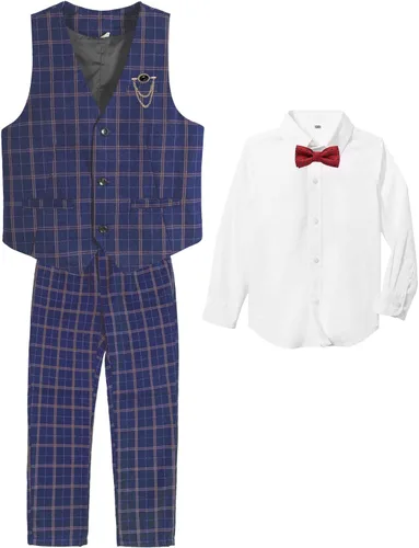 Vista 2 de Conjunto de chaleco y pantalones para niños, vestido a cuadros con camisa, esmoquin formal para boda, traje de portador de anillo de boda, Azul