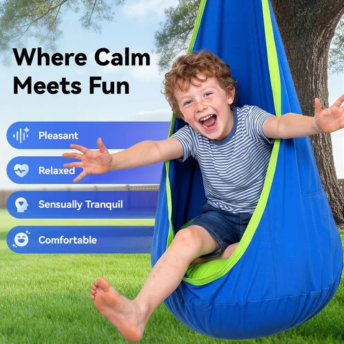 Vista 9 de Y- STOP Columpio de cápsula para niños, silla hamaca colgante sensorial para interiores con almohada inflable, asiento de columpio sensorial
