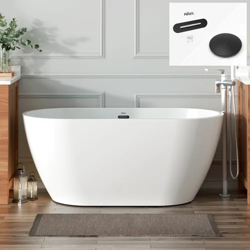 Vista 15 de FerdY 47" Bali - Bañera de acrílico independiente, bañera de inmersión independiente con forma elegante, certificada cUPC, drenaje de níquel Drenaje