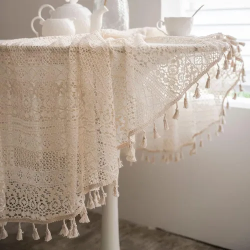 Vista 8 de Mantel bohemio hecho a mano con diamantes de ganchillo, mantel de lino bordado beige para boda, mantel cuadrado elegante para decoración de mesa