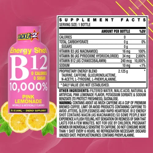 Vista 2 de Stacker 2 Pink Lemonade B12 Energy Shot, 2 onzas (paquete de 24)