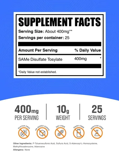 Vista 2 de BulkSupplements Same Powder - S-adenosil-L-metionina, suplemento SAM-e - para la salud de las articulaciones, sin gluten - SAM-e 400 mg por
