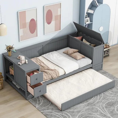 Vista 20 de Sofá cama de madera de tamaño matrimonial con 2 armarios de noche, estantes superiores y 4 cajones, marco de madera resistente, espacio de Marrón