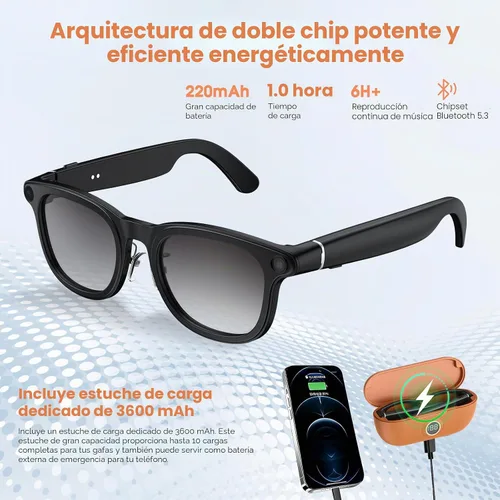 Vista 9 de Gafas inteligentes para cámara AI, gafas de sol de video 4K con estuche de Negro
