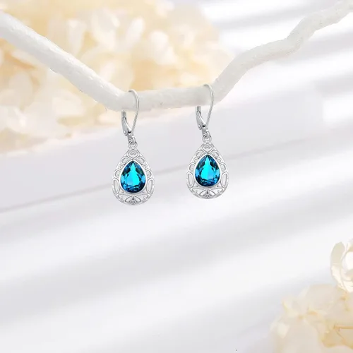 Vista 158 de Aretes colgantes de plata de ley con diseño de árbol de la vida, flor, abeja, animales, gato, colibrí, piedra lunar, turquesa, aretes con cierre