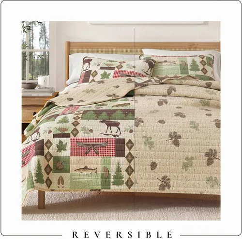 Vista 5 de Great Bay Home - Juego de 3 piezas de colcha reversible de estilo rústico de cabaña con 2 fundas decorativas de almohada, para todas las estaciones