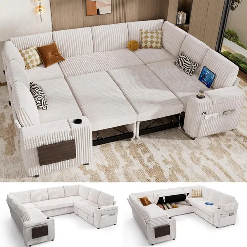 Vista 12 de Vipbear Sofá cama modular de 86 pulgadas con cama extraíble, sofá en forma de L de pana de felpa de 3 asientos con diván de almacenamiento, puertos