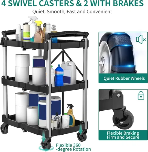 Vista 3 de YITAHOME - Carrito utilitario plegable de 3 niveles con ruedas (2 frenos), 240 libras