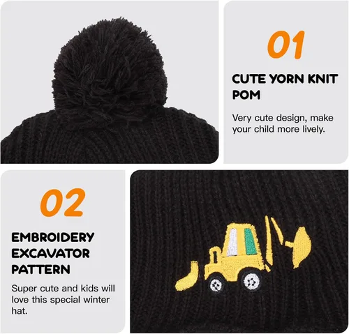 Vista 4 de BAOPLAYKIDS Toddler Winter Hat Baby Beanie with Earflap Warm Fleece Lined Embroidery Excavator Hats for Boys Kids