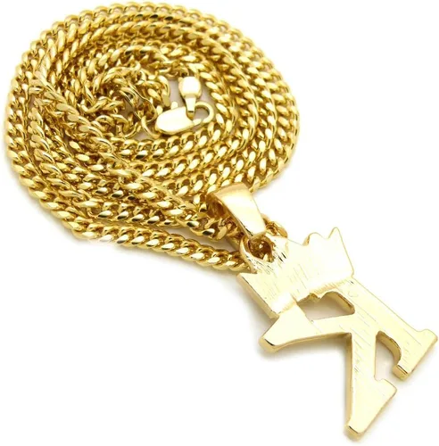 Vista 6 de Colgante empedrado de letra inicial con corona, pequeño de 0.12 pulgadas y unisex, collar de cadena cubana de 24 pulgadas en oro, tono plata.